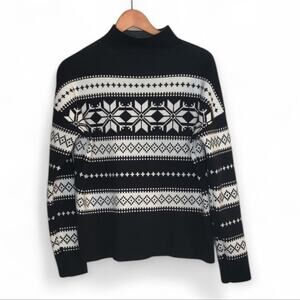 Nicole Miller Holiday Snowflake Black and White Mock Neck Cozy Sweater Large